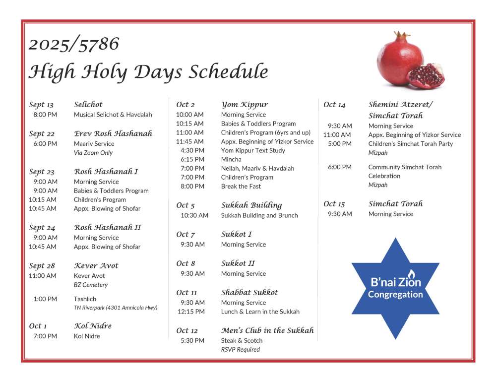 HHD 2025 Schedule for Congregation